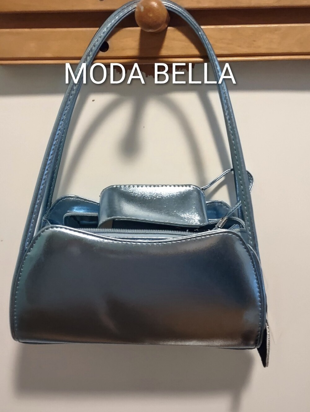 MODA BELLA Ice Blue Metallic Purse, Wallet Set of 3, with Hand Sanitizer Holder